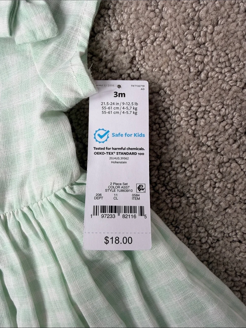 Carter's Just One You Baby Girls' Gingham Dress Green Plaid Size 3M NWT